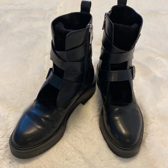 ☠️ ZARA TRAFALUC MOTO LEATHER & FAUX FUR EDGY BIKER BABE GRUNGE BUCKLE BOOTS - Picture 3 of 15